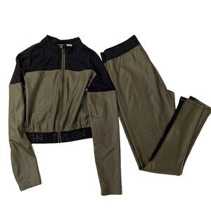 True Religion Two Piece Activewear Set Olive Green Crop Jacket & Leggings XL